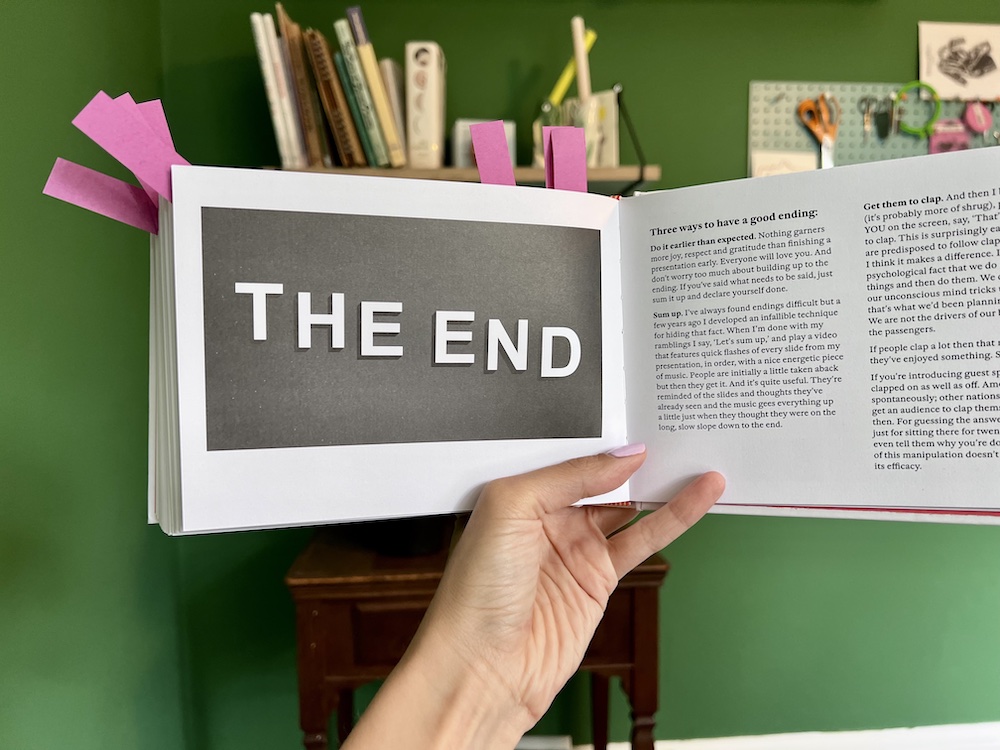 A page saying "the end" with tips on how to end a presentation