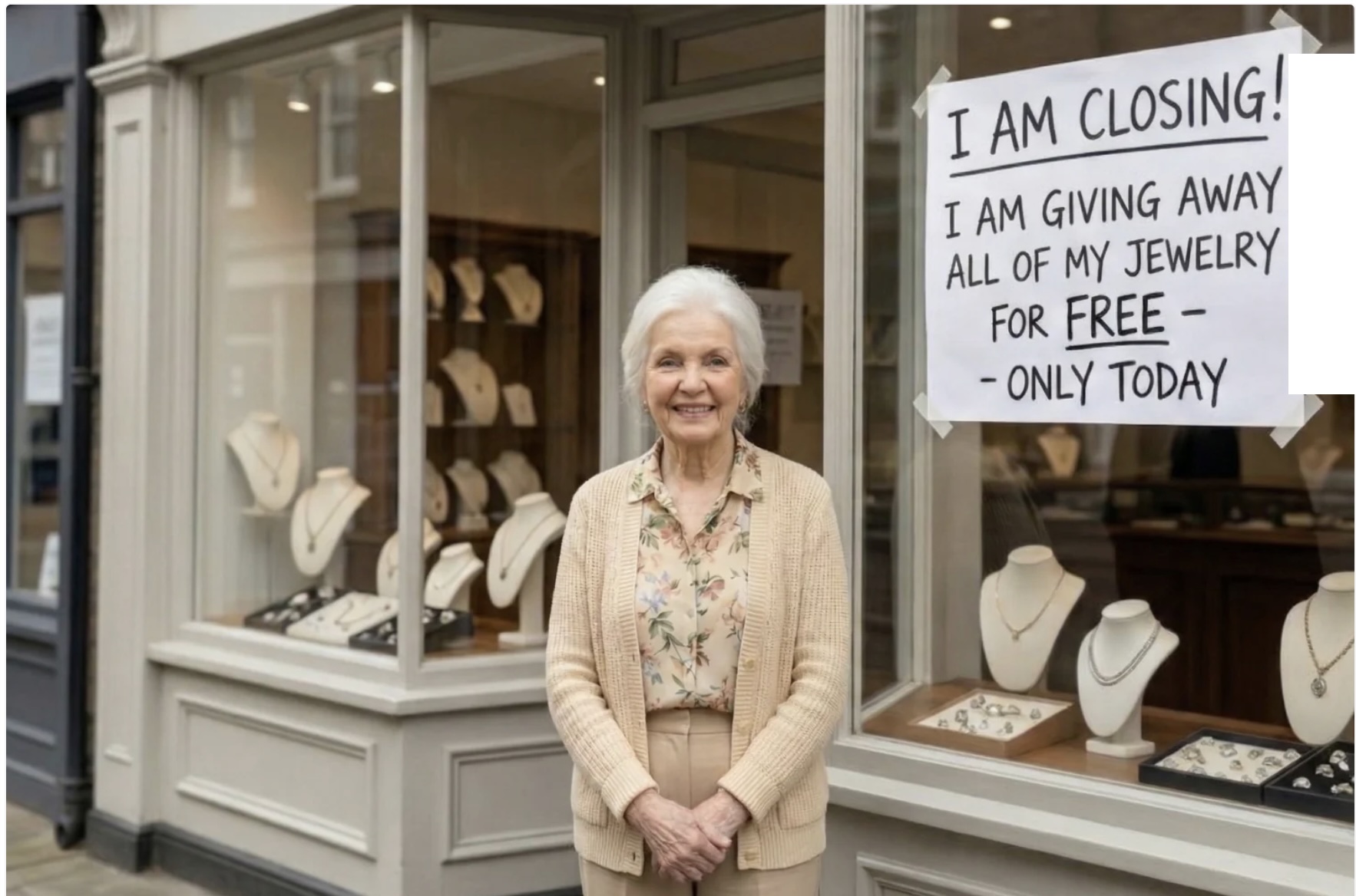 Screenshot of the website showing a sweet little old lady in front of a store with the words "shop closing down, everything free" on the window