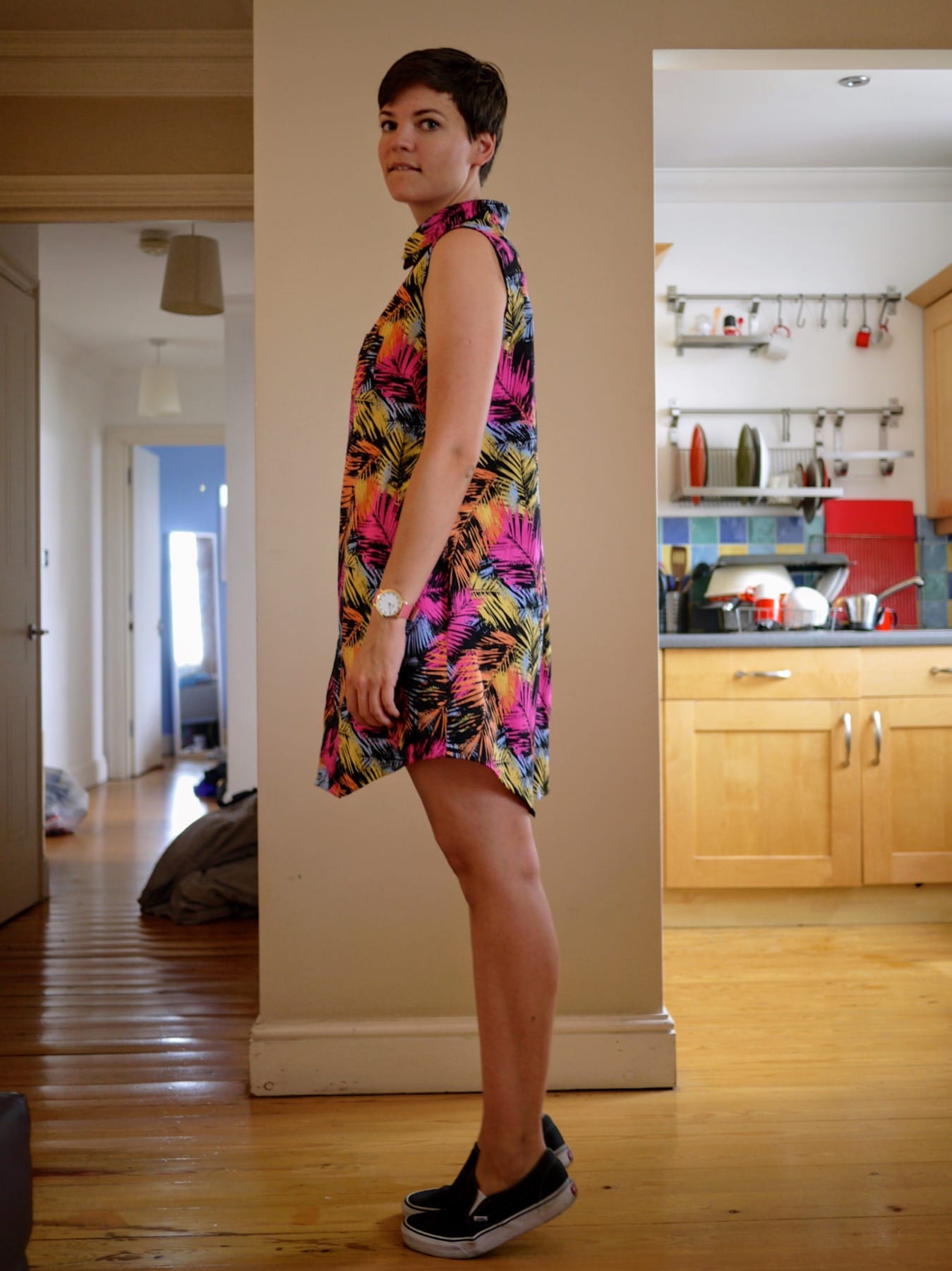 Side view of me wearing shirtdress