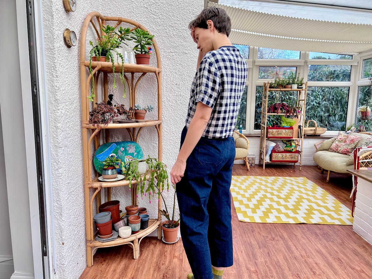 Me in conservatory wearing Navy Blue gingham t-shirt