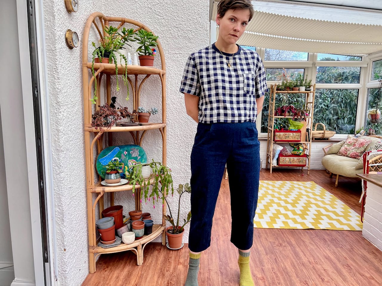 Me in conservatory wearing Navy Blue gingham t-shirt