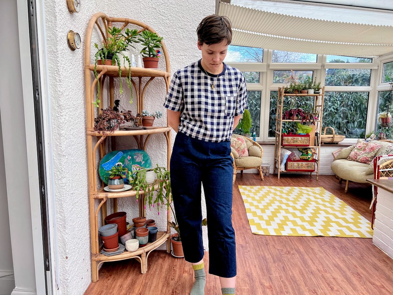 Me in conservatory wearing Navy Blue gingham t-shirt