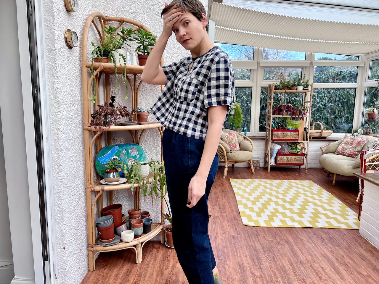 Me in conservatory wearing Navy Blue gingham t-shirt