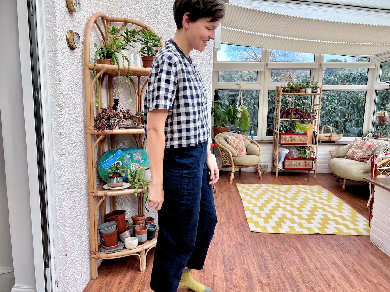 Me in conservatory wearing Navy Blue gingham t-shirt